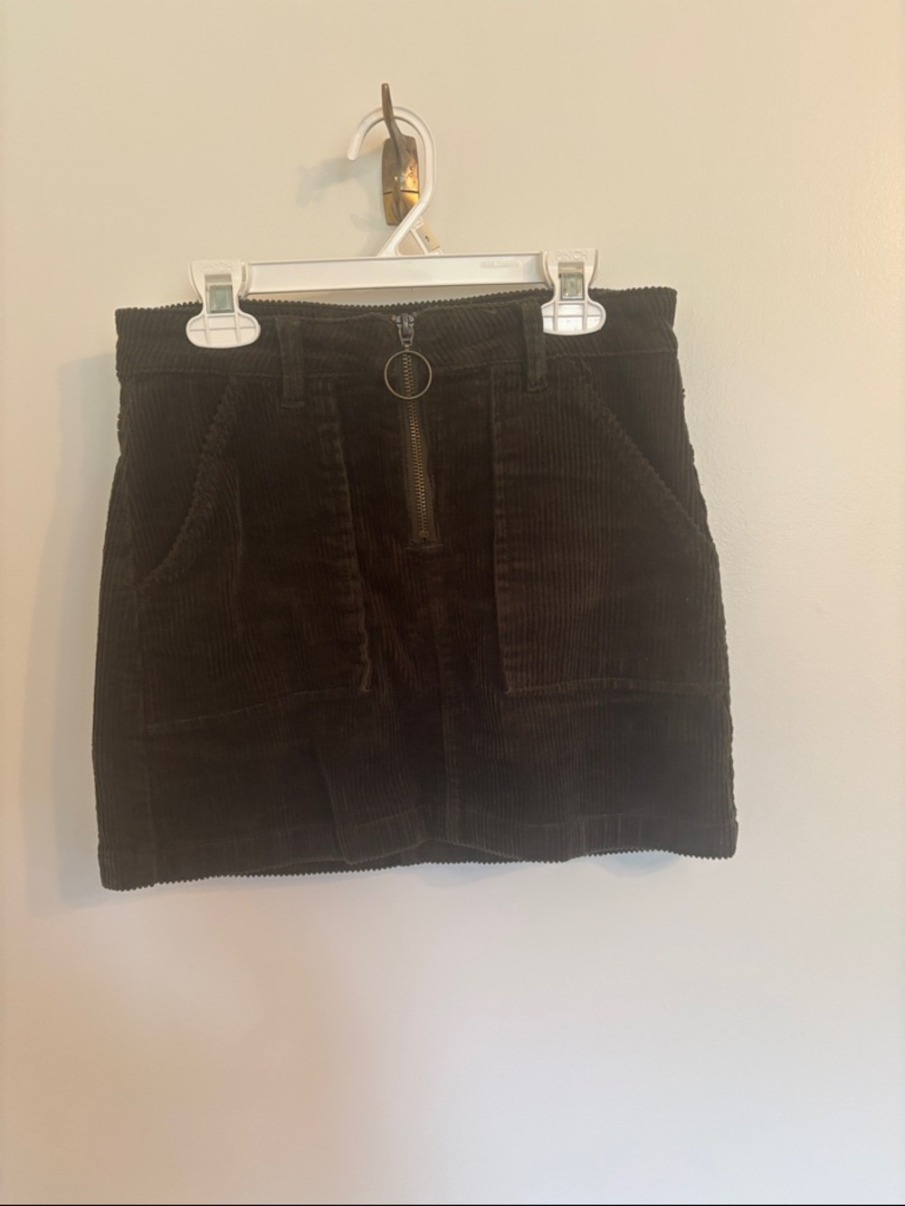 Corduroy A-Line Mini Skirt with Front Ring Zip - Dark Green